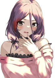 Rule 34 | 1girl, :o, aged up, fang, hair between eyes, hand to own mouth, hayasaka mirei, highres, idolmaster, idolmaster cinderella girls, looking at viewer, multicolored hair, nail polish, no eyepatch, off-shoulder shirt, off shoulder, pink shirt, purple hair, red hair, shirt, simple background, solo, spoonkoros, streaked hair, twintails, white background