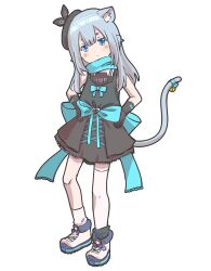 Rule 34 | 1girl, and uge, animal ears, asymmetrical legwear, bell, beret, black dress, black gloves, black hat, blue bow, blue eyes, blue scarf, blush, bow, cat ears, cat girl, cat tail, circle facial mark, closed mouth, commentary request, contrapposto, dress, dress bow, expressionless, flat chest, full body, gloves, grey hair, hat, highres, jingle bell, kemonomimi mode, long hair, looking at viewer, medium bangs, nanashi inc., scarf, shoes, simple background, sleeveless, sleeveless dress, sneakers, socks, solo, standing, tail, tail bell, tail ornament, thick eyebrows, thighhighs, uneven legwear, virtual youtuber, white background, white footwear, white socks, white thighhighs, wsl1228