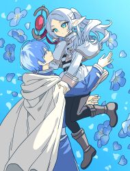 Rule 34 | 1boy, 1girl, blue background, blue eyes, blue hair, blue sky, blue tunic, boots, brown footwear, capelet, cloak, closed mouth, cowboy shot, earrings, elf, expressionless, floral background, flower, frieren, full body, hands on another&#039;s shoulders, highres, himmel (sousou no frieren), jewelry, long hair, long sleeves, looking at another, mage staff, meremero, nemophila (flower), parted bangs, pointy ears, shirt, short hair, sky, smile, sousou no frieren, striped clothes, striped shirt, twintails, white capelet, white cloak, white hair