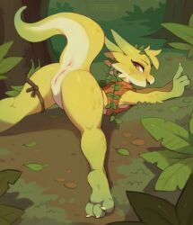Rule 34 | 1girl, animal feet, anus, arms up, artist name, ass, bare shoulders, barefoot, blonde hair, bottomless, claws, cleft of venus, clitoral hood, colored skin, crop top, day, female focus, fern, forest, furry, furry female, grass, green skin, happy, highres, index finger raised, kneepits, kobold, leaf, legs, lizard tail, looking back, multicolored skin, nature, on ground, open mouth, orange eyes, orange shirt, original, outdoors, pussy, reptile girl, rope, shirt, short hair, signature, sleeveless, sleeveless shirt, smile, snout, soles, solo, spread legs, tail, tail raised, thigh strap, thighs, top-down bottom-up, tree, uncensored, waspsalad, white skin, yellow skin