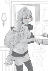 Rule 34 | 1boy, 2girls, abyssal ship, admiral (kancolle), aqua eyes, bag, blush, braid, breasts, casual, closed mouth, door, dropping, fubuki (kancolle), glasses, gloves, greyscale, hair ornament, headphones, headphones around neck, holding, holding hands, indoors, kantai collection, long hair, long sleeves, medium breasts, monochrome, multiple girls, nail polish, open mouth, paper, pleated skirt, pom pom (clothes), pom pom hair ornament, red nails, sailor collar, school uniform, serafuku, shirt, shorts, single braid, skirt, solo focus, spot color, supply depot princess, thighhighs, tomamatto, very long hair