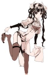 Rule 34 | 1girl, black hair, blunt bangs, china dress, chinese clothes, dress, endou okito, garter belt, garter straps, hair rings, highres, leg up, long hair, looking at viewer, monochrome, panties, puffy short sleeves, puffy sleeves, putting on shoes, short sleeves, simple background, solo, standing, standing on one leg, thighhighs, underwear, white background