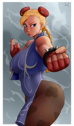 Rule 34 | 1girl, adapted costume, blonde hair, blue dress, blue eyes, bracelet, braid, bun cover, cammy white, camouflage, capcom, chinese clothes, chun-li, chun-li (cosplay), commentary request, cosplay, double bun, dress, facial scar, fighting game, fighting stance, fingerless gloves, gloves, hair bun, highres, hip focus, hybrid, jewelry, long hair, looking at viewer, matoc, pantyhose, pelvic curtain, print pantyhose, red gloves, sash, scar, scar on cheek, scar on face, sleeveless, sleeveless dress, solo, spiked bracelet, spikes, stomach, street fighter, thick thighs, thighs, tumblr, twin braids, very long hair, vest