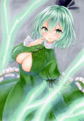 Rule 34 | 1girl, black headwear, breasts, cleavage cutout, clothing cutout, cross-laced clothes, dress, electricity, green dress, green eyes, green hair, grey background, hat, highres, juliet sleeves, large breasts, long sleeves, looking at viewer, natsume nadeshiko, ofuda, ofuda on clothes, puffy sleeves, short hair, soga no tojiko, tate eboshi, touhou, traditional media