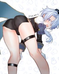 Rule 34 | 1boy, absurdres, androgynous, ass, bent over, black hat, blue hair, blush, bulge, coattails, cutiendirty, dated, from behind, gloves, hair over one eye, hands on knee, hands on own knees, hat, highres, honkai: star rail, honkai (series), legs, light blue hair, long sleeves, looking back, misha (honkai: star rail), open mouth, ponytail, purple eyes, short shorts, shorts, thigh strap, thighs, white background, white gloves