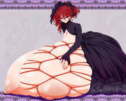 Rule 34 | 1girl, breast bondage, breasts, breasts out, full body, gigantic breasts, highres, huge areolae, leaning forward, looking at viewer, mnjs, nipples, puffy areolae, purple eyes, red hair, red rope, rope, sleeves past wrists, solo, standing