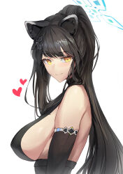 Rule 34 | 1girl, absurdres, animal ears, axoo, black dress, black hair, blue archive, blush, breasts, dress, elbow gloves, from side, gloves, hair ornament, halo, heart, highres, large breasts, long hair, looking at viewer, ponytail, shun (blue archive), sideboob, sidelocks, smile, solo, tiger ears, tiger girl, white background, yellow eyes