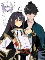 Rule 34 | ..., 1boy, 1other, ?, ahoge, ahoge wag, black hair, blank stare, blue eyes, blue kimono, blush, body markings, detached sleeves, earrings, expressive hair, fate/grand order, fate/samurai remnant, fate (series), hair down, hair intakes, hand on own chest, hand on own chin, japanese clothes, jewelry, katana, kimono, long hair, miyamoto iori (fate), necklace, nervous smile, nervous sweating, obi, orange eyes, pirohi (pirohi214), sash, sheath, sheathed, smile, spoken ellipsis, sweat, sword, topknot, translated, weapon, yamato takeru (third ascension) (fate)