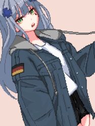 Rule 34 | 1girl, black jacket, black skirt, brown background, cowboy shot, dutch angle, girls&#039; frontline, green eyes, grey hair, hk416 (girls&#039; frontline), jacket, long hair, open clothes, open jacket, open mouth, pixel art, shirt, simple background, skirt, solo, teardrop tattoo, teeth, upper teeth only, white shirt, yiricannon