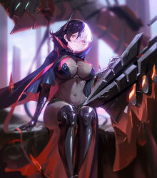 Rule 34 | 1girl, azur lane, black bodysuit, black capelet, black hair, bodystocking, bodysuit, breasts, bruenhilde (azur lane), capelet, covered navel, cross, feet out of frame, gauntlets, highres, iron cross, large breasts, looking at viewer, multicolored hair, red eyes, sansan (dongfangzhong111), short hair, sitting, solo, split-color hair, white hair