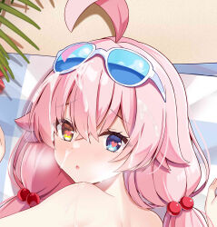 Rule 34 | 1girl, ahoge, blue archive, blue eyes, blush, cum, eyewear on head, fengshen chino, glasses, heart, heart in eye, heterochromia, highres, hoshino (blue archive), looking at viewer, lying, open mouth, pink hair, solo, sunglasses, symbol in eye, twintails, yellow eyes