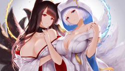 Rule 34 | 2girls, absurdres, akagi (azur lane), alternate costume, an yasuri, animal ears, arm under breasts, azur lane, bad id, bad pixiv id, bare shoulders, blue eyes, blush, breasts, bride, brown hair, choker, cleavage, collarbone, dress, finger to own chin, fire, fox ears, fox tail, highres, hood, japanese clothes, kaga (azur lane), kimono, large breasts, long hair, looking at viewer, multiple girls, multiple tails, official alternate costume, parted lips, red eyes, short hair, sidelocks, skindentation, smile, tail, uchikake, upper body, wedding dress, white hair, wide sleeves, wind