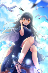 Rule 34 | 1girl, :d, absurdres, adjusting hair, bird, black dress, black footwear, black hair, black hairband, blue capelet, blue sky, blurry, blush, bone hair ornament, breasts, capelet, cloud, commentary request, day, depth of field, dress, eyelashes, feet out of frame, floating clothes, floating hair, foreshortening, frilled capelet, frilled dress, frills, from below, hair between eyes, hair ornament, hairband, hand up, happy, hato maron, highres, knees together feet apart, kushima kamome, large breasts, long hair, looking at viewer, open mouth, outdoors, seagull, sitting, skull and crossbones, skull hair ornament, sky, smile, solo, sparkle, straight hair, suitcase, summer pockets, very long hair, wind, wind lift, yellow eyes