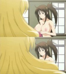 Rule 34 | 00s, 2girls, animated, animated gif, blonde hair, breasts, brown hair, comparison, dressing, covered erect nipples, large breasts, long hair, lowres, multiple girls, nipples, no bra, screencap, sekirei, side ponytail, skin tight, tsukiumi, uzume