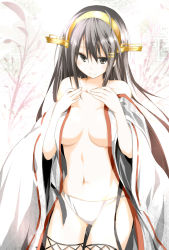 Rule 34 | 10s, 1girl, bad id, bad pixiv id, black hair, breasts, brown eyes, detached sleeves, hair ornament, hairband, hairclip, hands on own chest, haruna (kancolle), highres, japanese clothes, kantai collection, large breasts, long hair, no bra, nontraditional miko, open clothes, panties, shiryuu, smile, solo, underwear