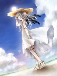Rule 34 | 00s, 1girl, beach, cloud, day, doll joints, dress, hat, joints, kakashichi, long hair, outdoors, pink eyes, rozen maiden, silver hair, sky, solo, suigintou, sun, water, wings