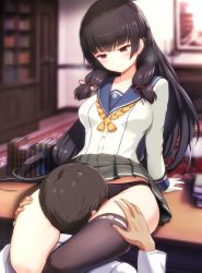 Rule 34 | 1boy, 1girl, admiral (kancolle), arm support, asymmetrical legwear, black hair, black panties, black skirt, black thighhighs, blurry, blurry background, blush, book, breasts, collarbone, commentary request, commission, desk, desk lamp, gloves, hair ribbon, head between thighs, hhh (wave), isokaze (kancolle), jacket, kantai collection, kneehighs, lamp, large breasts, long hair, looking at another, military jacket, motion lines, neckerchief, on desk, panties, pleated skirt, red eyes, ribbon, sailor collar, school uniform, scissorhold, serafuku, shirt, short hair, single kneehigh, single sock, single thighhigh, sitting, on desk, skeb commission, skirt, socks, sweatdrop, thighhighs, tress ribbon, underwear, uneven legwear, white gloves, white shirt, yellow neckerchief