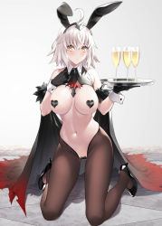 Rule 34 | 1girl, ahoge, alcohol, animal ears, bare shoulders, black footwear, black gloves, blush, bow, bowtie, breasts, brown legwear, champagne, closed mouth, covered erect nipples, cup, detached collar, drinking glass, fake animal ears, fate/grand order, fate (series), female focus, gloves, heart pasties, high heels, highres, holding, holding tray, jeanne d&#039;arc (fate), jeanne d&#039;arc alter (fate), kneeling, large breasts, leotard, long hair, looking at viewer, maebari, meme attire, navel, pasties, playboy bunny, prime, rabbit ears, revealing clothes, reverse bunnysuit, reverse outfit, silver hair, solo, tail, tray, wrist cuffs, yellow eyes