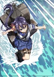 Rule 34 | 1girl, absurdres, akebono (kancolle), bell, blouse, blue sailor collar, blue skirt, boots, closed mouth, commentary request, dated, flower, from above, hair bell, hair between eyes, hair flower, hair ornament, highres, kantai collection, leg strap, lens flare, long hair, looking at viewer, looking up, machinery, makicha (sasurainopink), ocean, one side up, pleated skirt, purple eyes, purple hair, red flower, running, sailor collar, school uniform, serafuku, shirt, short sleeves, skirt, smile, solo, thigh strap, very long hair, walking, walking on liquid, white shirt