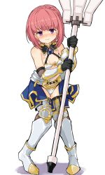 Rule 34 | 1girl, absurdres, aikawa aika, alice gear aegis, armor, bikini armor, black gloves, blush, braid, breasts, buta-don, closed mouth, dated commentary, elbow gloves, full body, gloves, highres, looking at viewer, pink hair, purple eyes, short hair, simple background, small breasts, solo, thighhighs, white background