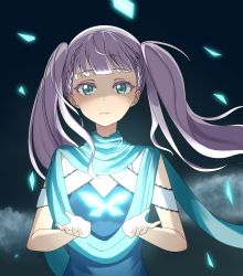 Rule 34 | 1girl, alternate hairstyle, blue scarf, braid, bug, butterfly, commentary, dark background, dddomatesu, french braid, glowing butterfly, green eyes, highres, insect, light, long hair, looking at viewer, love live!, love live! superstar!!, purple hair, scarf, smoke, solo, twintails, upper body, wien margarete