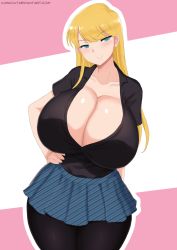 Rule 34 | blonde hair, blue eyes, breasts, cleavage, highres, huge breasts, kainkout, skirt, thick thighs, thighs, unbuttoned