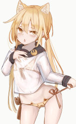 1girl, absurdres, animal ears, bikini, bikini under clothes, black sailor collar, blonde hair, cat ears, commentary request, crescent, crescent pin, flat chest, front-tie top, highres, kantai collection, logiclr, long hair, looking at viewer, sailor collar, sailor shirt, satsuki (kancolle), school uniform, see-through, serafuku, shirt, side-tie bikini, simple background, solo, standing, swimsuit, swimsuit under clothes, twintails, white background, yellow bikini, yellow eyes