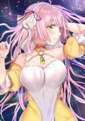 Rule 34 | 1girl, ahoge, bare shoulders, breasts, check copyright, cleavage, collarbone, commentary request, copyright request, gem, green eyes, hair ribbon, hanasaki mahiru, highres, hinano ui, large breasts, long hair, looking at viewer, original, pink hair, pink ribbon, pointy ears, ribbon, short sleeves, smile, solo, star (symbol), starry background, very long hair, virtual youtuber