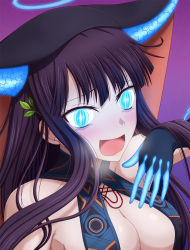 Rule 34 | 1girl, bare shoulders, black dress, black gloves, black headwear, blue eyes, blush, breasts, center opening, cleavage, dress, elbow gloves, fate/grand order, fate (series), gloves, glowing, glowing eyes, hair ornament, halo, hasebe akira, large breasts, leaf hair ornament, long hair, looking at viewer, open mouth, purple background, purple hair, smile, very long hair, yang guifei (fate)