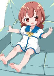 Rule 34 | 1girl, barefoot, blue sailor collar, blush, couch, dress, hair ribbon, hair rings, kaiboukan no. 4 (kancolle), kantai collection, looking at viewer, nassukun, open mouth, red eyes, red hair, ribbon, sailor collar, sailor dress, short sleeves, simple background, sitting, solo, teeth, upper teeth only, white background, white dress, yellow ribbon