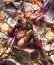 Rule 34 | 1girl, artist request, bird, blonde hair, breasts, chain whip, cygames, earrings, fire, gloves, high heels, jacket, jewelry, keyring, large breasts, leg up, looking at viewer, midriff, octrice omen of usurpation, official art, pectorals, purple eyes, shadowverse, sitting, sitting on chest, smile, thighhighs