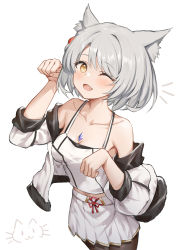 Rule 34 | 1girl, absurdres, animal ears, camisole, cat ears, cat girl, chest jewel, highres, jacket, leggings, mio (xenoblade), roi (liu tian), shoulder strap, simple background, solo, tank top, white background, white camisole, white jacket, white tank top, xenoblade chronicles (series), xenoblade chronicles 3