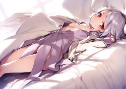 Rule 34 | 1girl, absurdres, bed, bed sheet, blush, breasts, day, dress, dutch angle, highres, indoors, jacket, ke-ta, kishin sagume, looking at viewer, looking to the side, lying, nipples, no bra, no panties, on back, on bed, one breast out, open clothes, open dress, open jacket, pillow, purple dress, red eyes, scan, short dress, short hair, silver hair, small breasts, solo, sunlight, swept bangs, tareme, thighs, touhou, white jacket