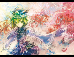 Rule 34 | 1girl, :/, bad id, bad pixiv id, flower, green eyes, green hair, hat, lakestep55, letterboxed, looking at viewer, matching hair/eyes, revision, shiki eiki, short hair, solo, touhou, traditional media, wide sleeves