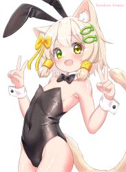 Rule 34 | 1boy, animal ear fluff, animal ears, artist name, bare shoulders, black bow, black bowtie, black leotard, blush, bow, bowtie, cat boy, cat ears, cat tail, commentary request, covered navel, cowboy shot, detached collar, double v, fake animal ears, fang, fish hair ornament, green eyes, hair bow, hair ornament, hair tubes, hazakura hinata, heterochromia, highres, kaya (hazakura hinata), leotard, light brown hair, looking at viewer, male focus, male playboy bunny, open mouth, original, rabbit ears, short hair, simple background, skin fang, smile, solo, strapless, strapless leotard, tail, tareme, traditional bowtie, trap, v, variant set, white background, wrist cuffs, yellow bow, yellow eyes