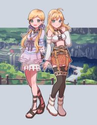 Rule 34 | 1girl, ahoge, blonde hair, chomo (engawaparty), detached sleeves, fiora (xenoblade), green eyes, highres, long hair, midriff, miniskirt, prototype design, sandals, skirt, solo, thighhighs, twintails, xenoblade chronicles (series), xenoblade chronicles 1