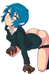 Rule 34 | 1girl, androgynous, arched back, arm support, ass, blue hair, female focus, gloves, hutamaru, jacket, kino (kino no tabi), kino no tabi, kneeling, lowres, panties, panty pull, pixel art, reverse trap, short hair, sideways glance, solo, transparent background, underwear