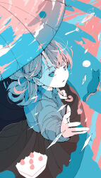 Rule 34 | 1girl, absurdres, black skirt, blue eyes, blue hair, blue moon, blue shirt, blue theme, cake, cat, collared shirt, commentary request, double exposure, food, from above, fruit, full body, grey hair, half updo, highres, holding, holding umbrella, long bangs, long hair, long skirt, looking at viewer, moon, multicolored hair, no pupils, nocopyrightgirl, open hand, original, outstretched arm, pale skin, parted lips, pleated skirt, reaching, shirt, skirt, solo, strawberry, two-tone hair, umbrella