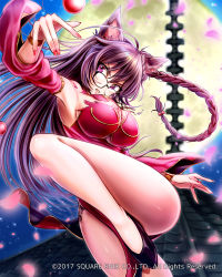 Rule 34 | 1girl, alternate hairstyle, animal ears, blurry, blurry background, bracer, braid, breasts, brown hair, cat ears, china dress, chinese clothes, detached sleeves, dress, full moon, glasses, highres, impossible clothes, large breasts, long hair, looking at viewer, mappaninatta, moon, nail polish, official art, outstretched arm, parted lips, pelvic curtain, petals, purple eyes, rooftop, side slit, solo, standing, standing on one leg, torn clothes, twin braids, venus rumble, watermark