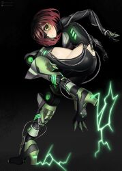 Rule 34 | 1girl, android, ass, athies, black background, breasts, brown hair, commission, electricity, fewer digits, full body, green eyes, high heels, highres, hololive, joints, looking at viewer, medium breasts, metal eyepatch, roboco-san, robot joints, short hair, solo, standing, standing on one leg