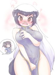 Rule 34 | 2girls, ;), @ @, alternate costume, animal ears, arm under breasts, bandaid, bandaid on face, bandaid on nose, black hair, blue dress, blush, breasts, brown eyes, china dress, chinese clothes, cleft of venus, covered navel, covering privates, covering crotch, dress, embarrassed, fang, fangs, female focus, flower print, grabbing, grabbing another&#039;s breast, grabbing own breast, greater honeyguide (kemono friends), hand on own hip, head wings, heart, highres, honey badger (kemono friends), kemono friends, large breasts, long hair, looking at viewer, multiple girls, no panties, one eye closed, open mouth, pink hair, question mark, scar, scar on face, short hair, simple background, smile, tail, thighs, thumbs up, tongue, tongue out, uho (uhoyoshi-o), upper body, very long hair, white background, white hair, wings, yellow eyes, yellow stripe
