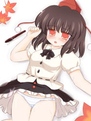 Rule 34 | 1girl, blush, bow, breasts, brown hair, covered erect nipples, female focus, hat, leaf, looking at viewer, medium breasts, open mouth, panties, pen, red eyes, ribbon, ry (yagoyago), shameimaru aya, short hair, skirt, solo, touhou, underwear, white background