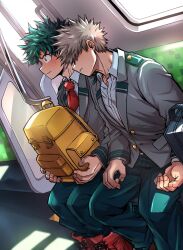 2boys adam&#039;s_apple alternate_hair_color aqua_eyes aqua_pants backpack bag bakugou_katsuki blazer blue_bag blush boku_no_hero_academia bus_interior buttons chiyaya closed_mouth collared_shirt door double_horizontal_stripe dress_shirt embarrassed fingernails freckles grey_hair grey_jacket hands_on_lap head_on_another&#039;s_shoulder highres holding holding_bag jacket lapels layered_sleeves leaning_on_person leaning_to_the_side legs_together long_sleeves looking_ahead male_focus midoriya_izuku multiple_boys necktie nose_blush notched_lapels open_collar pants partially_unbuttoned profile red_necktie school_uniform shade shirt short_hair side-by-side sideways_mouth sitting sleeping sleeping_on_person sleeping_upright spiked_hair sunlight three_quarter_profile three_quarter_view u.a._school_uniform unworn_bag wavy_mouth white_shirt window_shadow wing_collar yaoi yellow_bag