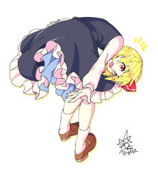 Rule 34 | 1girl, :d, bent over, black skirt, black vest, blonde hair, brown footwear, commentary request, frilled skirt, frills, full body, hair ribbon, highres, long sleeves, looking at viewer, open mouth, partial commentary, red eyes, red ribbon, ribbon, rumia, shirt, short hair, signature, simple background, skirt, smile, socks, solo, touhou, umigarasu (kitsune1963), vest, white background, white shirt, white socks