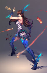 Rule 34 | 1girl, ankle wings, blue footwear, boots, breasts, brown hair, character request, feather hair ornament, feathers, fighting stance, full body, hair ornament, high heel boots, high heels, highres, large breasts, long hair, othel (hatimorris), solo, thigh boots, thighhighs, vambraces, wings