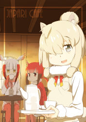 Rule 34 | 3girls, :d, absurdres, alpaca ears, alpaca suri (kemono friends), alpaca tail, animal ears, bird wings, blonde hair, blouse, breast pocket, brown hair, chair, closed mouth, commentary request, cup, drinking, empty eyes, expressionless, funakenblue, fur-trimmed sleeves, fur collar, fur trim, gloves, grey eyes, hair bun, hair over one eye, hand up, head tilt, head wings, highres, holding, holding cup, holding tray, indoors, japanese crested ibis (kemono friends), kemono friends, long hair, long sleeves, looking at viewer, medium hair, multicolored hair, multiple girls, neck ribbon, open mouth, pantyhose, pleated skirt, pocket, red eyes, red gloves, red hair, red legwear, ribbon, scarlet ibis (kemono friends), shadow, shirt, single hair bun, sitting, skirt, smile, sweater vest, table, tail, teacup, teapot, tray, twintails, white hair, window, wings, yellow eyes