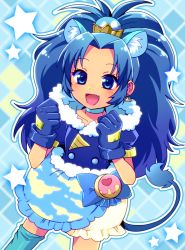 Rule 34 | 10s, 1girl, :d, animal ears, blue background, blue bow, blue eyes, blue gloves, blue hair, blue neckwear, blue shirt, blue skirt, blue theme, blue thighhighs, bow, choker, cowboy shot, crown, cure gelato, earrings, extra ears, gloves, jewelry, kirakira precure a la mode, layered skirt, lion ears, lion tail, long hair, looking at viewer, magical girl, mini crown, oginy, open mouth, precure, shirt, single thighhigh, skirt, smile, solo, star (symbol), tail, tategami aoi, thighhighs, white skirt