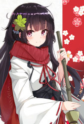 Rule 34 | 1girl, absurdres, bamboo broom, black hair, blush, broom, closed mouth, commentary request, fingernails, flower, girls&#039; frontline, hair between eyes, hair ornament, highres, holding, holding broom, j young, japanese clothes, kimono, long hair, long sleeves, looking at viewer, miko, official alternate costume, red eyes, red scarf, red skirt, ribbon-trimmed sleeves, ribbon trim, scarf, skirt, smile, solo, type 100 (girls&#039; frontline), type 100 (gunslinger miko) (girls&#039; frontline), very long hair, white flower, white kimono, wide sleeves
