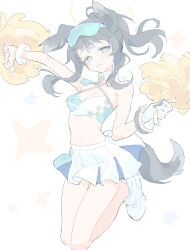Rule 34 | 1girl, animal ears, bare shoulders, black hair, blue archive, blue eyes, blush, breasts, cleavage, closed mouth, dog ears, dog girl, dog tail, gloves, goggles, goggles on head, halo, hibiki (blue archive), hibiki (cheer squad) (blue archive), holding, kinutani yutaka, looking at viewer, millennium cheerleader outfit (blue archive), partially fingerless gloves, pleated skirt, pom pom (cheerleading), shoes, sidelocks, simple background, single glove, skirt, small breasts, solo, star (symbol), starry background, tail, white background, white footwear, white gloves, white skirt