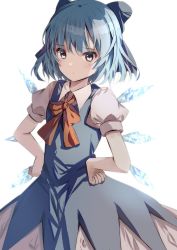 Rule 34 | 1girl, blouse, blue bow, blue dress, blue eyes, blue hair, bow, cirno, collared shirt, commentary, dress, frown, hair bow, hands on own hips, highres, ice, ice wings, looking at viewer, natsume suzuri, neck ribbon, puffy short sleeves, puffy sleeves, red ribbon, ribbon, shirt, short hair, short sleeves, solo, touhou, white background, white shirt, wings, worried